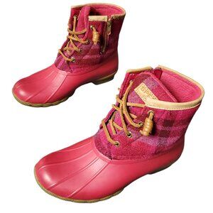 Sperry STS86932 Pink Sz 5 Plaid Saltwater Duck Rain Boots Shoes Booties
